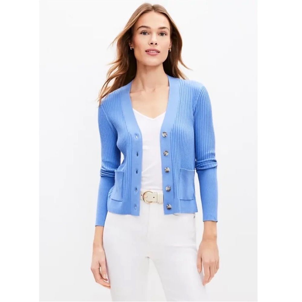 NWOT Ann Taylor LOFT Mixed Ribbed Pocket V-Neck Cardigan Knit Sweater Blue Large